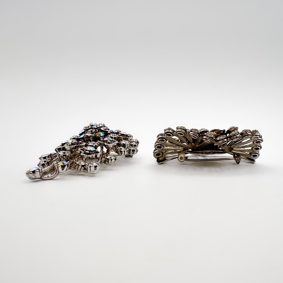 Vintage Atomic Starburst Brooch Pair Clr Rhinestone vs Aurora Borealis '50s '60s - Picture 11 of 12